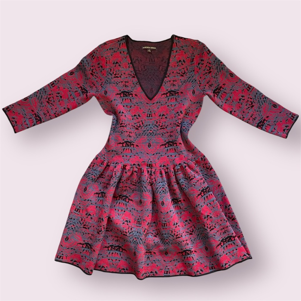 Marchesa Voyage: Garnet & Navy Jacquard Knit Fit & Flare Dress | Size M